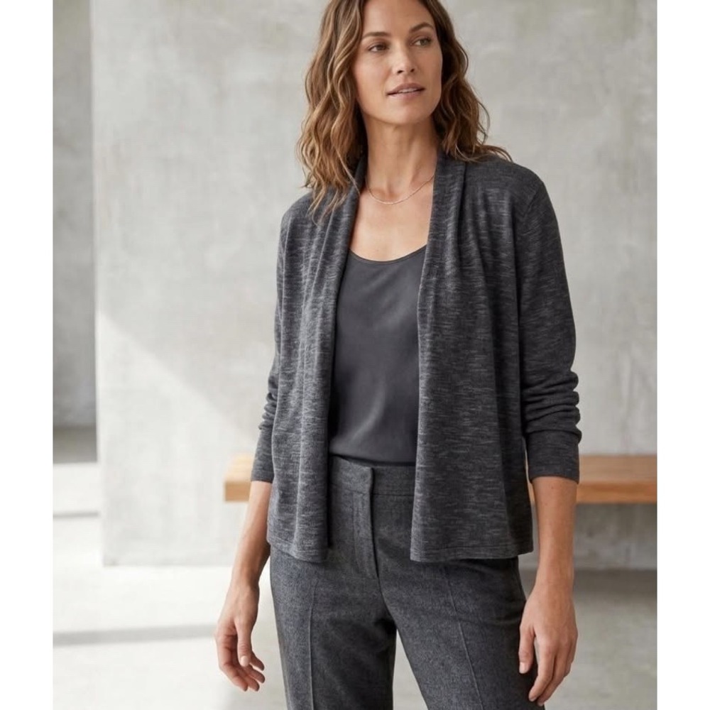 Eileen Fisher Open Front Cardigan Sweater Womens Size Large L Gray Linen